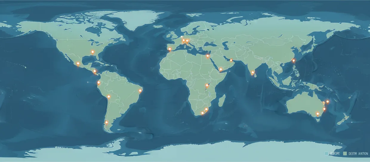 World map highlighting documented institutions