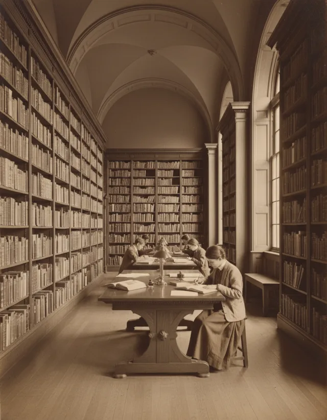 Reader browsing shelves in a historic library